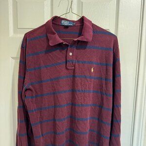 Vintage Polo Ralph Lauren Burghundy and Blue Stripe Long Sleeve Polo, Cotton, XL